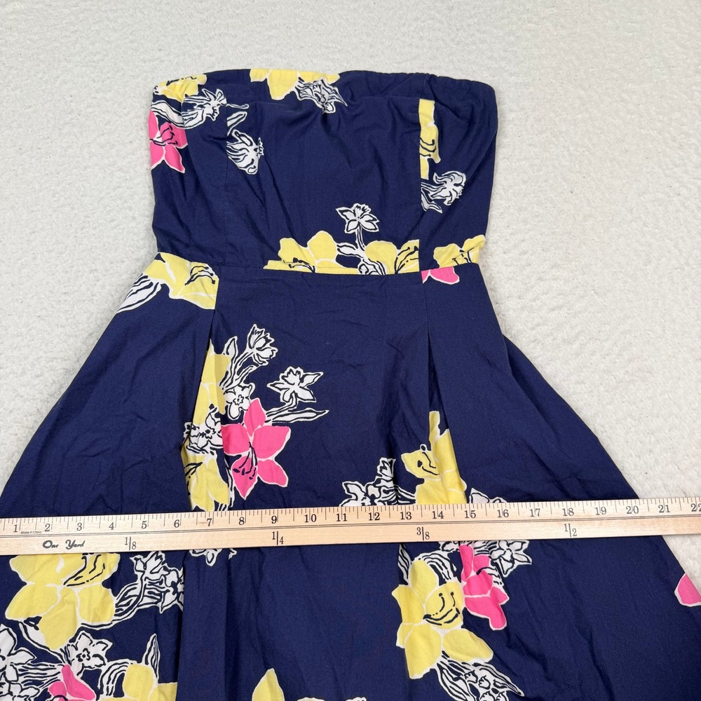 Lilly Pulitzer Strapless Dress 2 Navy Blue Floral Fit Flare Cotton Cruise Beach - Picture 9 of 13